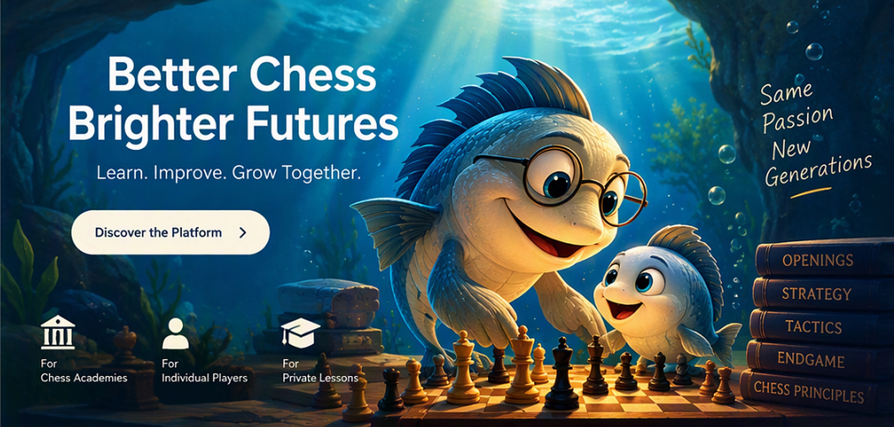 Better chess, brighter futures: father and child fish characters playing chess