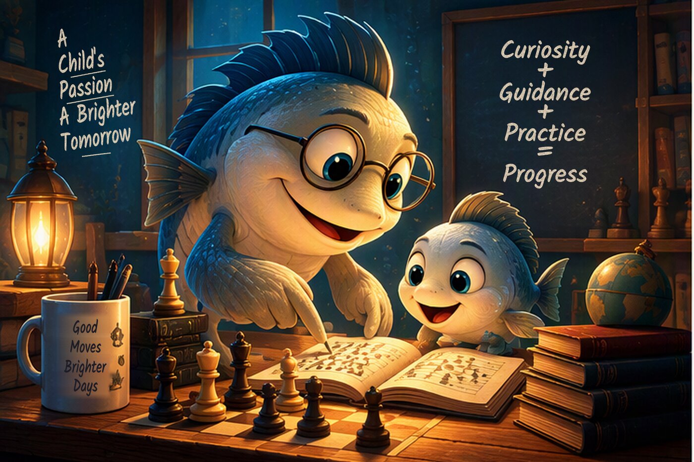Mentor and student fish characters learning chess